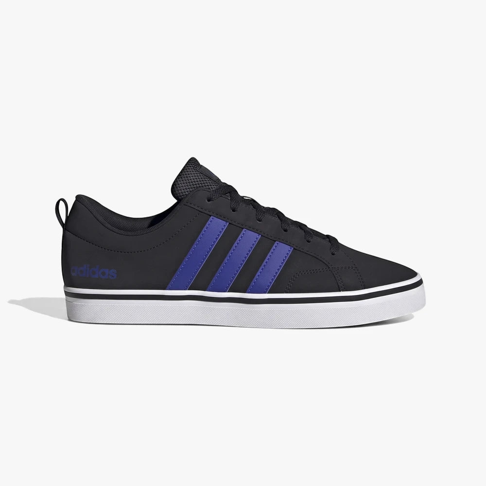 Adidas Mens Vs Pace 2.0 Sneaker in black with lucid blue stripes and a white sole, shown in a side view.