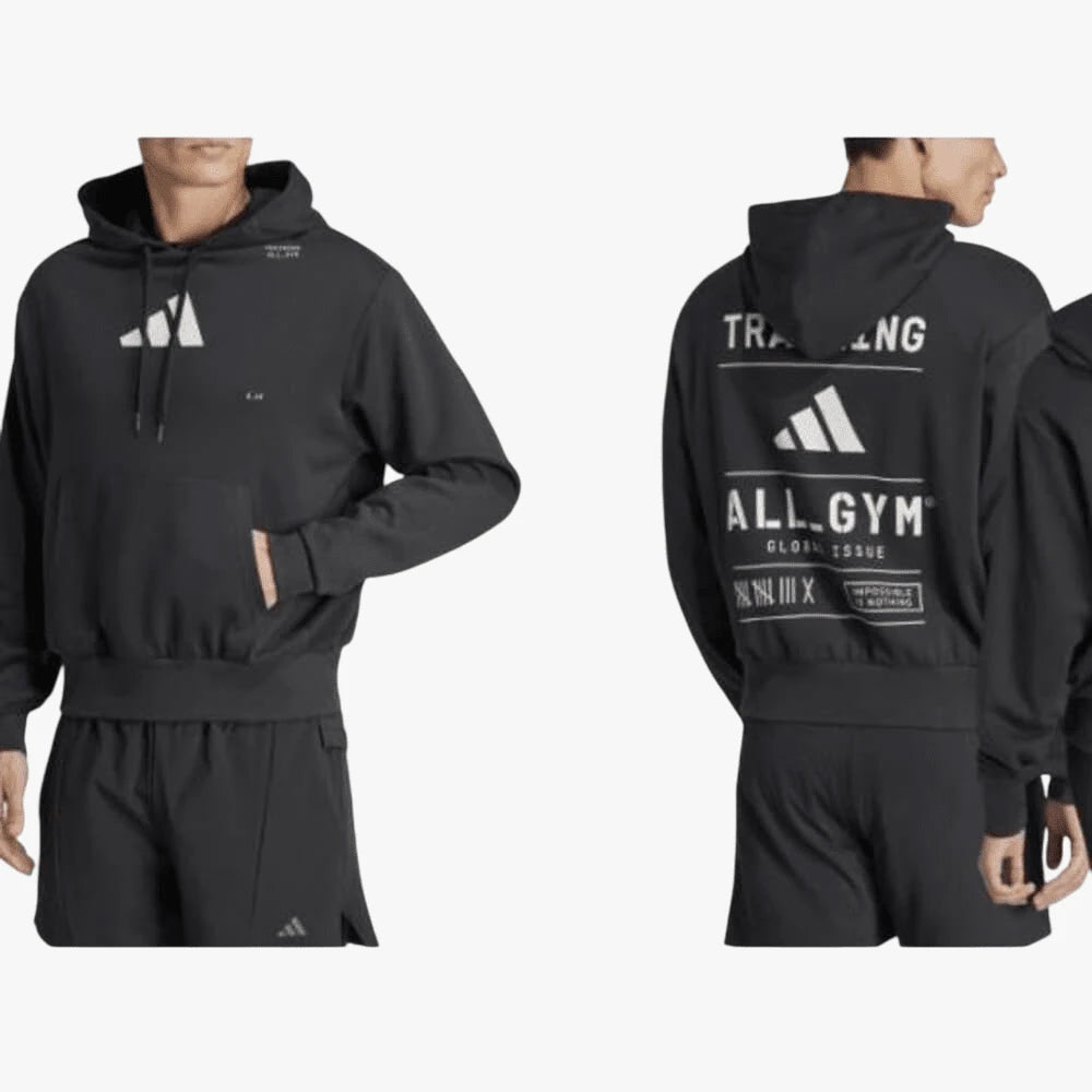 Adidas Unisex Tr Cat Hoody in black with hood, front kangaroo pocket and bold back graphic logo