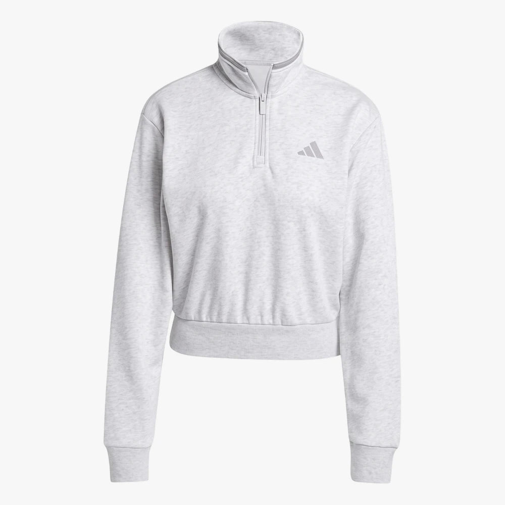 Adidas Womens Cb 1/4 Zip Track Jacket in grey melange fabric, featuring a cropped design and a stand-up quarter-zip collar.