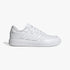 White Adidas Womens Courtblock sneaker with three side stripes, shown in a side view on a white background.