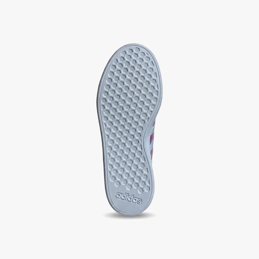 Adidas Womens Grand Court 2.0 Sneaker in white with pink accents, showcasing the textured sole from a low angle.
