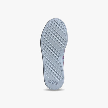 Adidas Womens Grand Court 2.0 Sneaker in white with pink accents, showcasing the textured sole from a low angle.