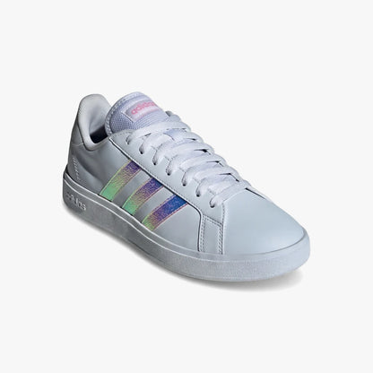 Adidas Womens Grand Court 2.0 sneaker in white with iridescent three stripes, shown from a side-front angle.