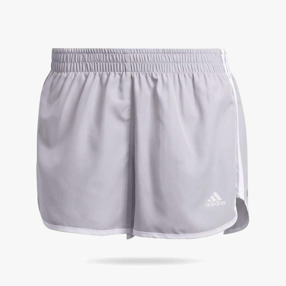 Adidas Womens Marathon 20 Shorts in halo silver and white, featuring an elastic waistband and side stripes, displayed from a