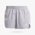 Adidas Womens Marathon 20 Shorts in halo silver and white, featuring an elastic waistband and side stripes, displayed from a