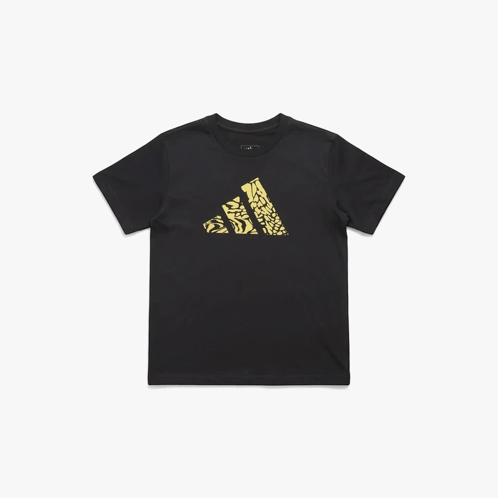 Adidas Womens Met Short Sleeve Tee in black, featuring a distinctive yellow Adidas three-stripe logo filled with an abstract