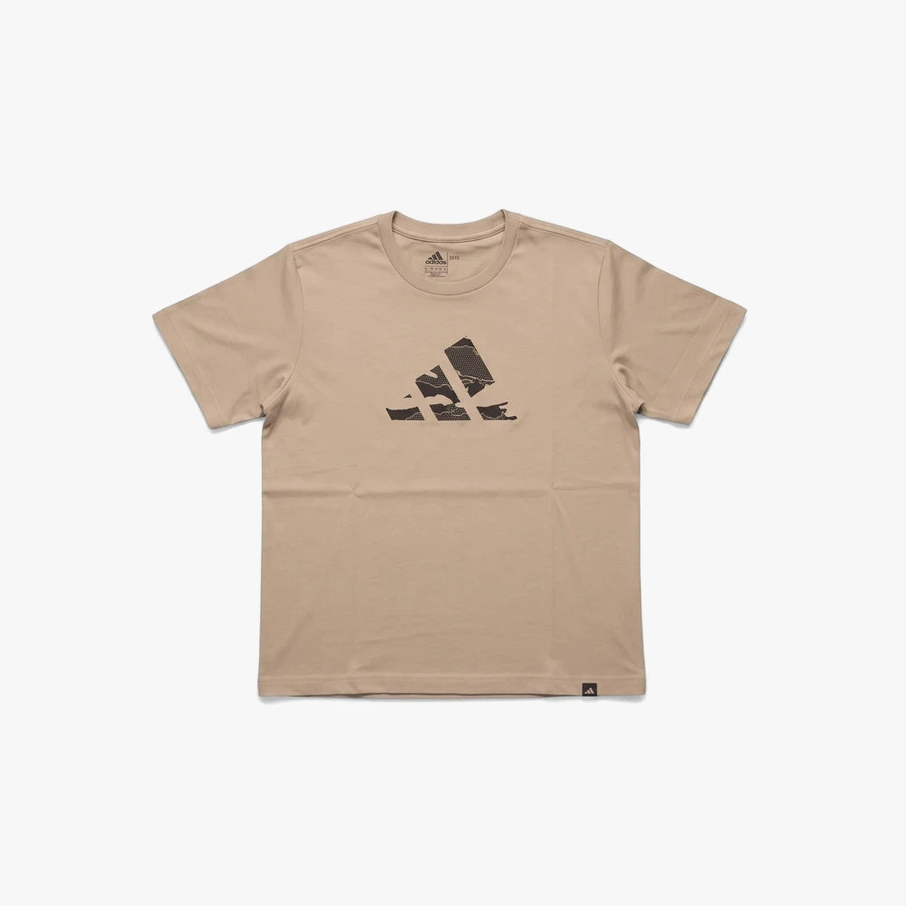 Adidas Womens Short Sleeve Camo Tee Warsan in beige with a black camouflage logo, presented as a flat lay.