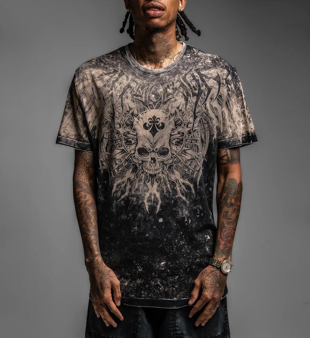 Affliction Mens Resudual Reversible Tee Black Sand Lava Tint