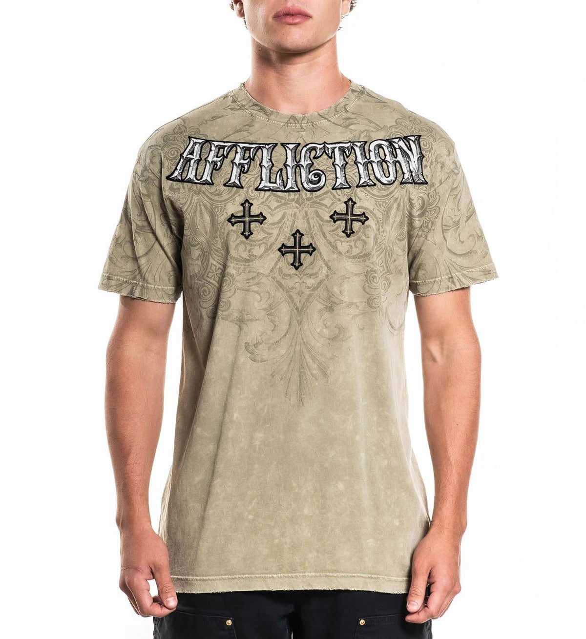 Affliction Mens Velvet Scorn Tee Stone Lava Wash