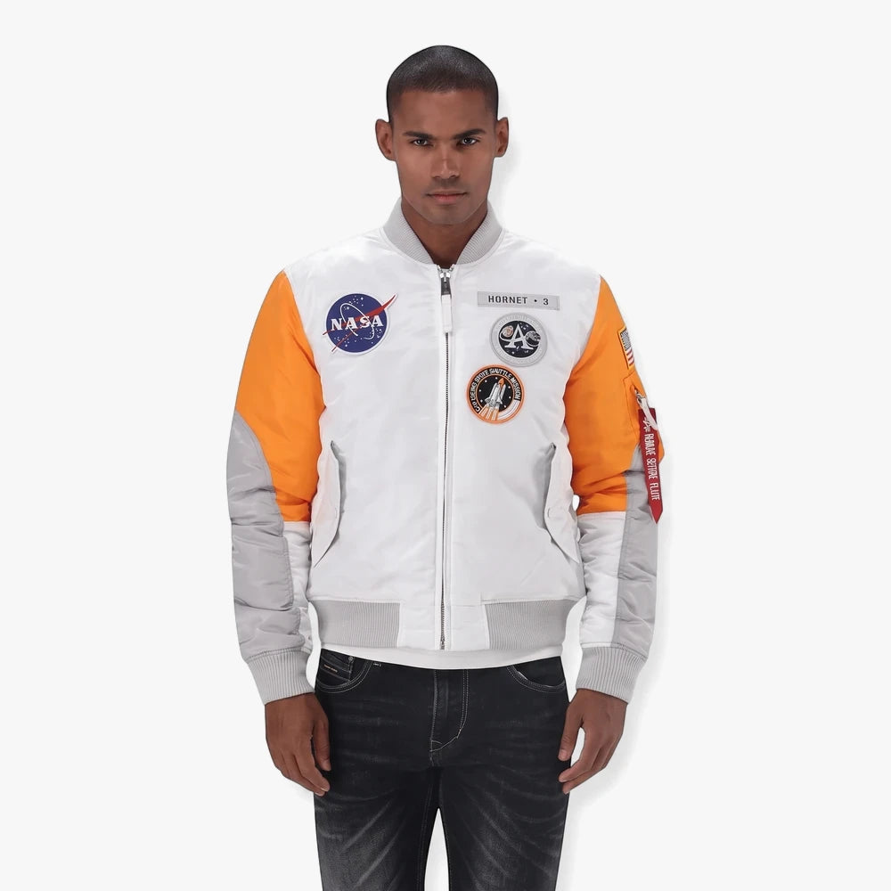 Alpha Industries Nasa Hornet Bomber Jacket 001 in white with orange sleeves and NASA patches on a male model.