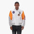 Alpha Industries Nasa Hornet Bomber Jacket 001 in white with orange sleeves and NASA patches on a male model.
