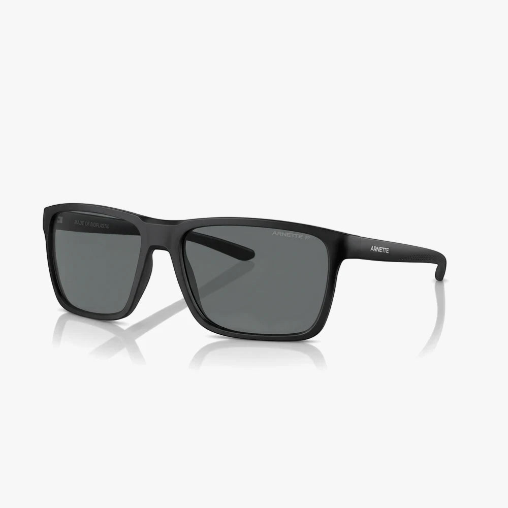 Arnette Mens Sokatra sunglasses with a matt black frame and polarized grey lenses, shown from a slightly angled side view.