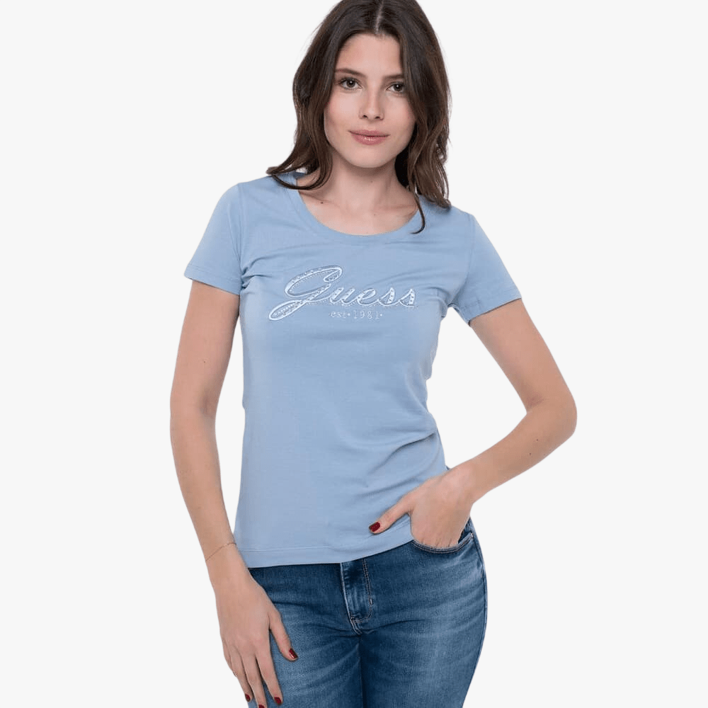 Guess Womens Glitter Embroid Logo Tee Blue | Guess