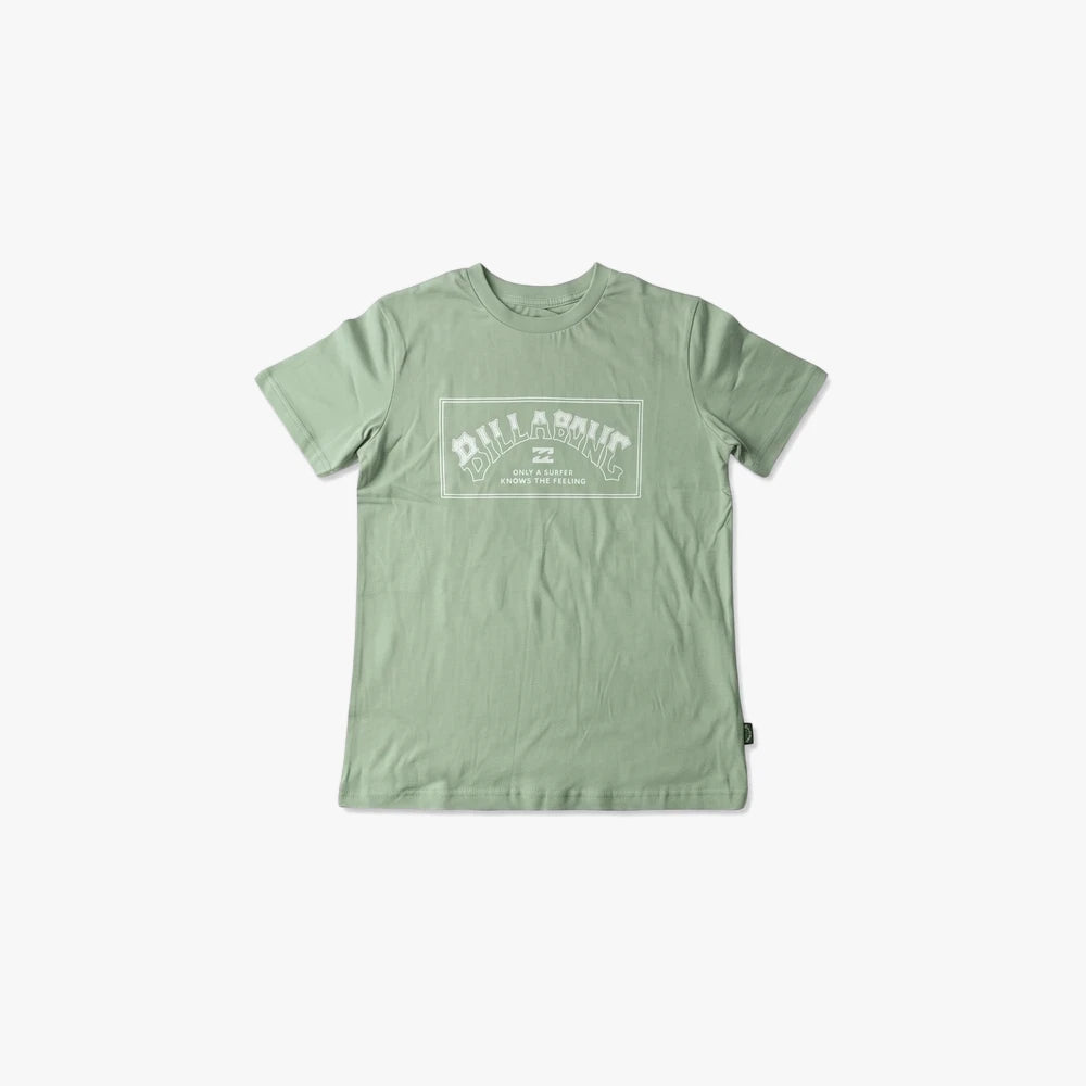 Billabong Boys Arch Short Sleeve Tee in Green Haze, featuring a white graphic print on the front chest, laid flat.