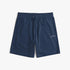 Billabong Boys Arch Shorts in navy blue, made from soft fleece fabric, with a white drawstring and printed logo, displayed