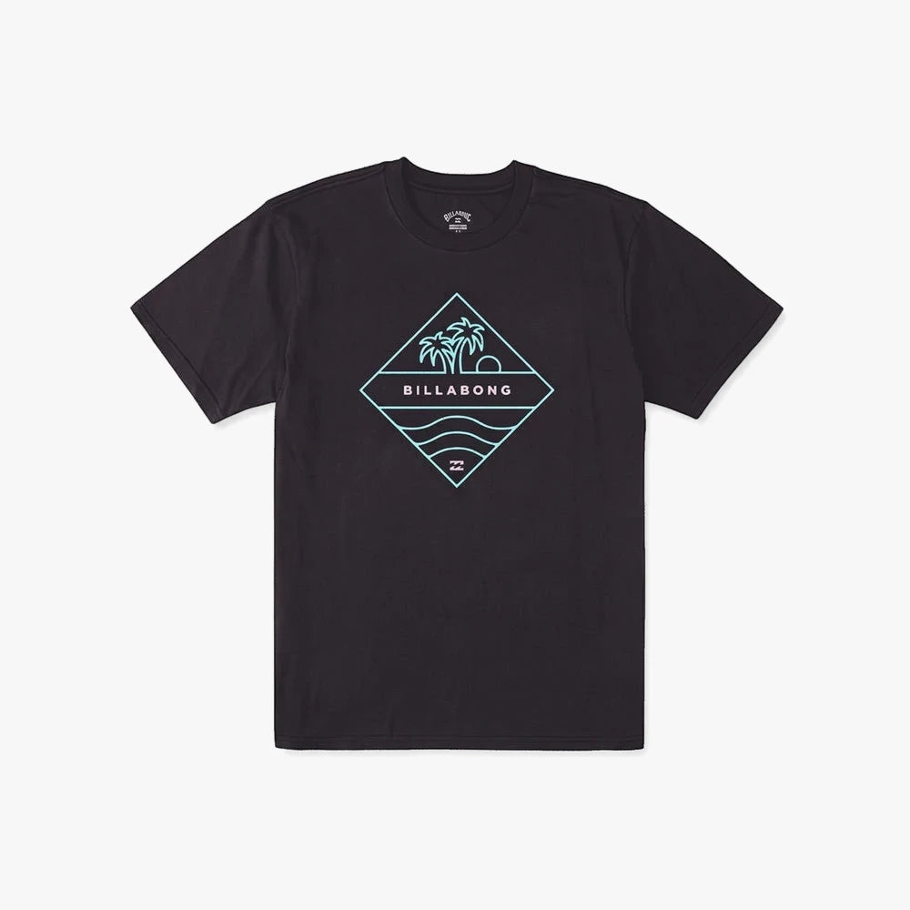 Black Billabong Boys Diamond Short Sleeve Tee with a teal palm tree, sun, and wave graphic.