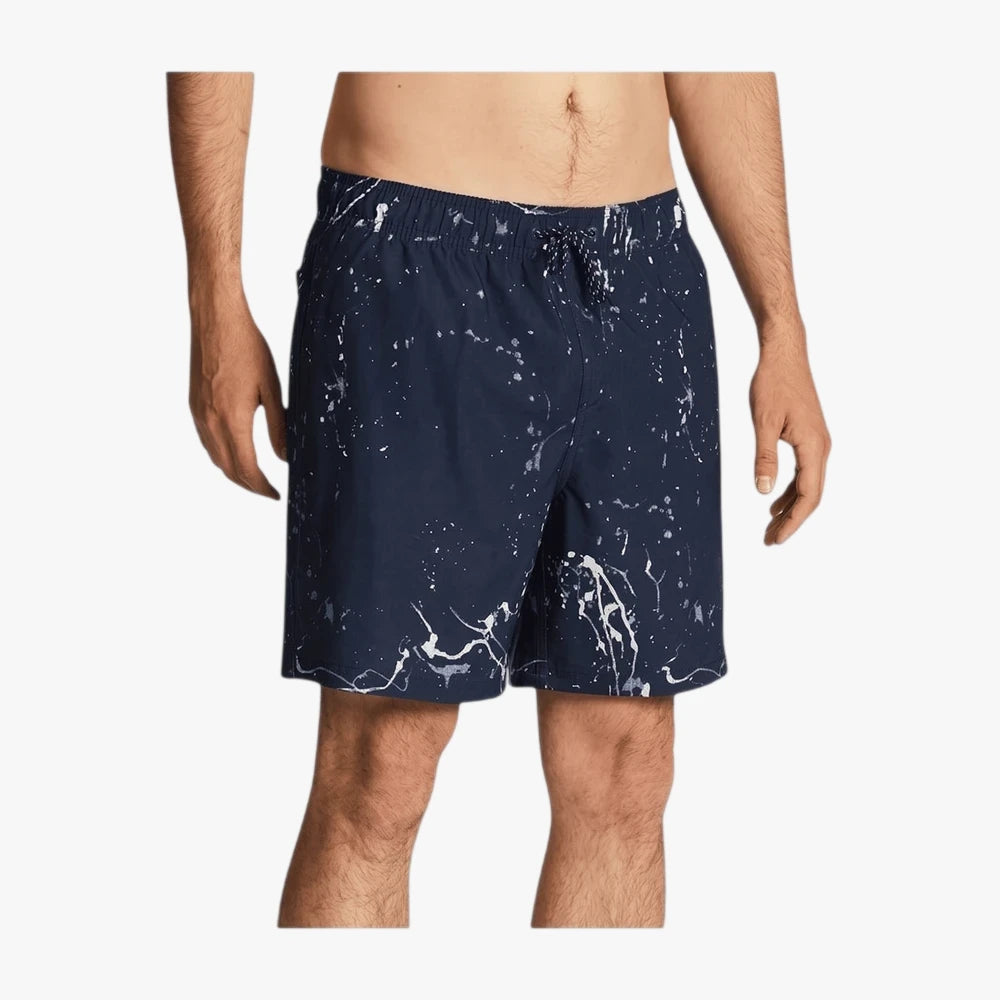 Billabong Boys Hazey Day Layback Shorts in navy with white paint splatter design, worn by a male model.