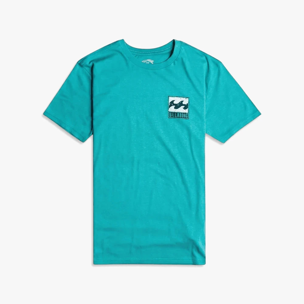Billabong Boys Stamp Short Sleeve Tee in seagreen color, featuring a crew neck and a wave graphic logo on the left chest.