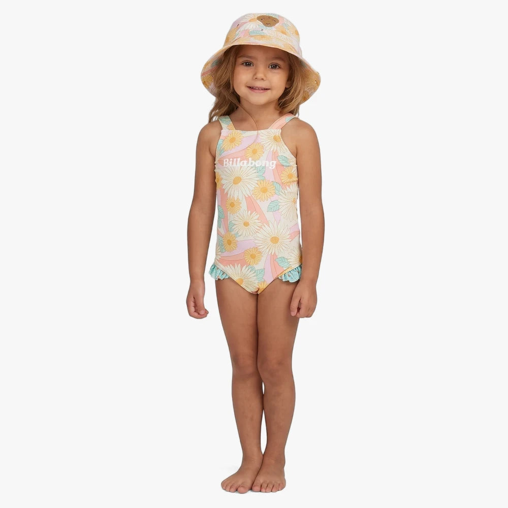 Billabong Girls Sweet Sunset one-piece swimsuit in salt crystal with a floral pattern and matching bucket hat.