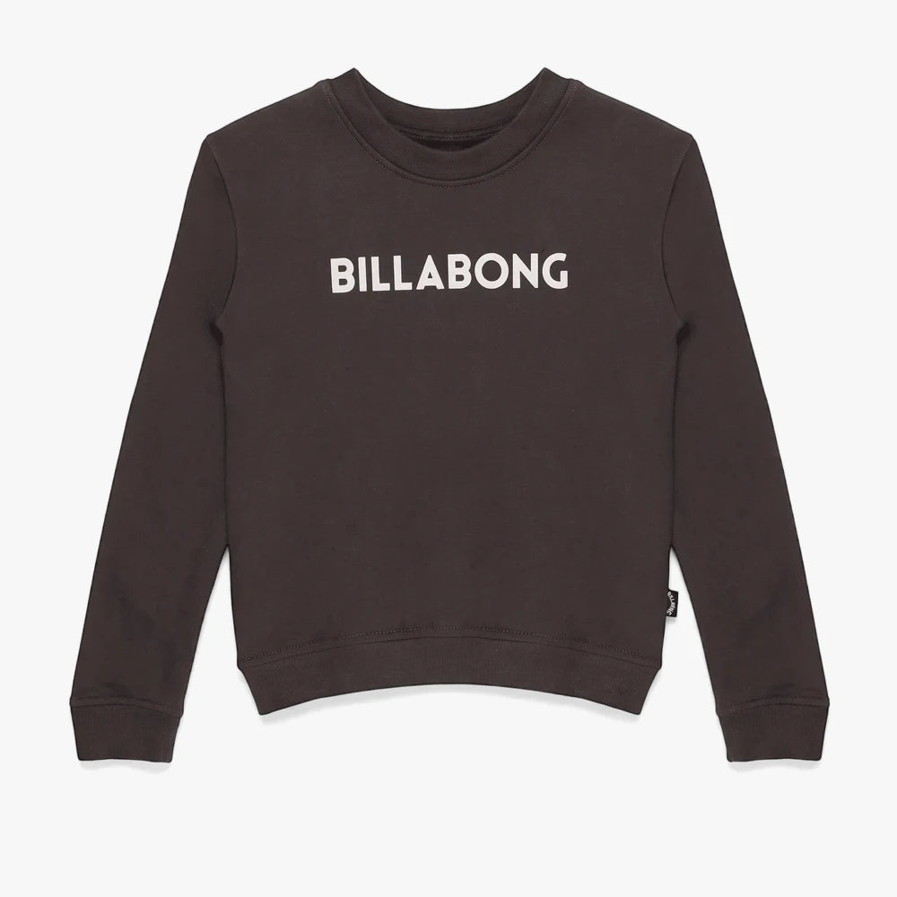 Billabong Kids Dance Crew Sweater in off black, featuring long sleeves and a white Billabong logo printed across the chest.