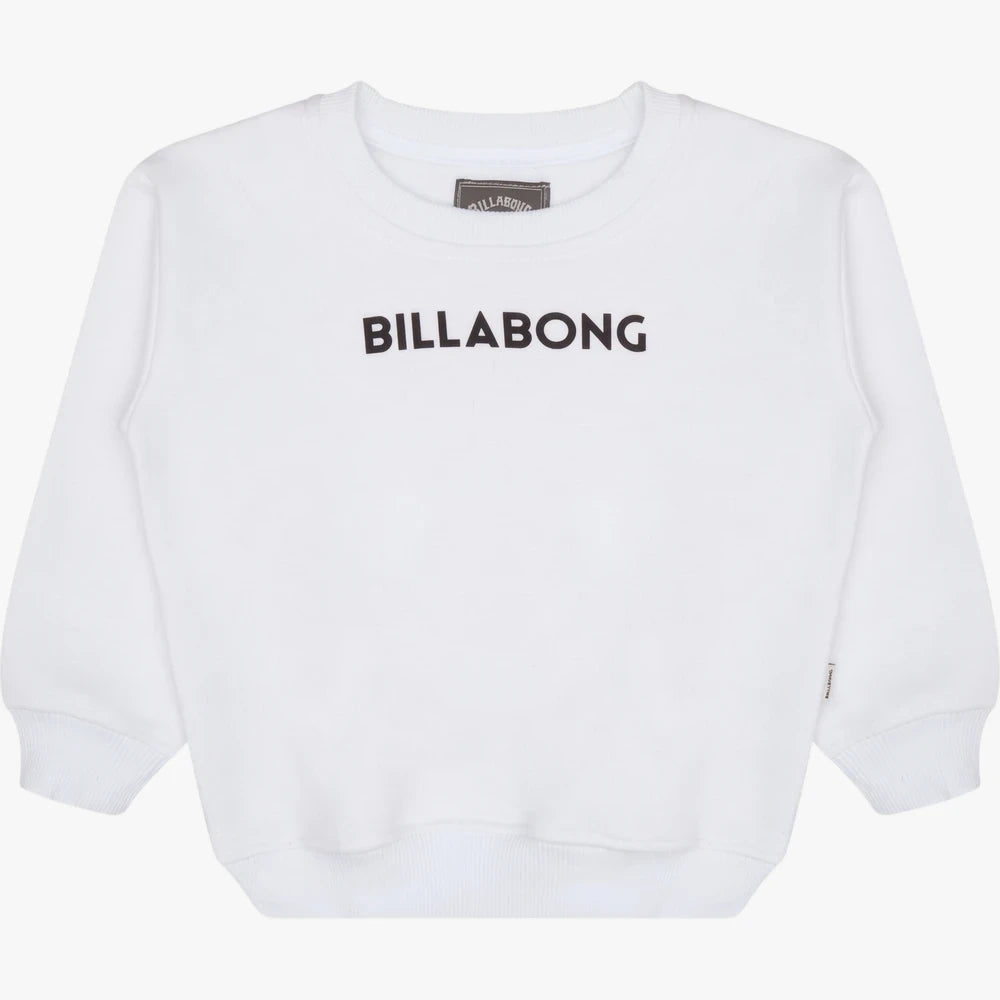 Billabong Kids Dancrew Crew Sweater in salt crystal white, featuring a black "BILLABONG" logo on the front for children.