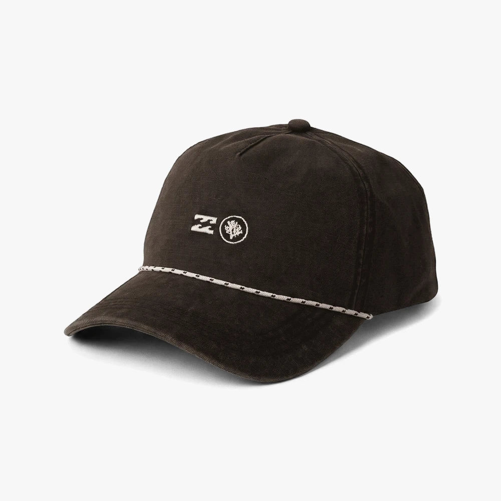 Black Billabong Womens Coral snapback cap with an embroidered logo and rope detail on the brim, viewed from an angled