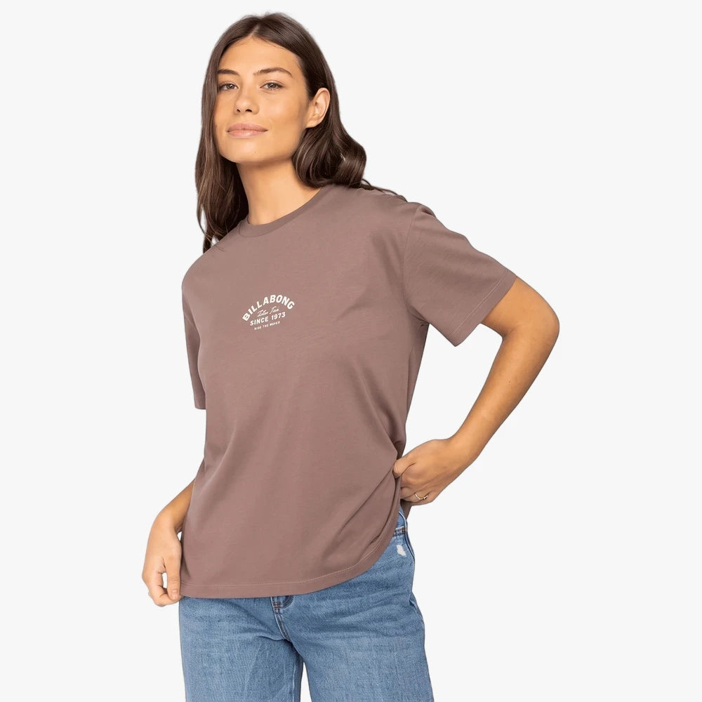 Billabong Womens Feeling Free Short Sleeve Tee in Kona color, featuring a white arched logo on a brown short-sleeved top