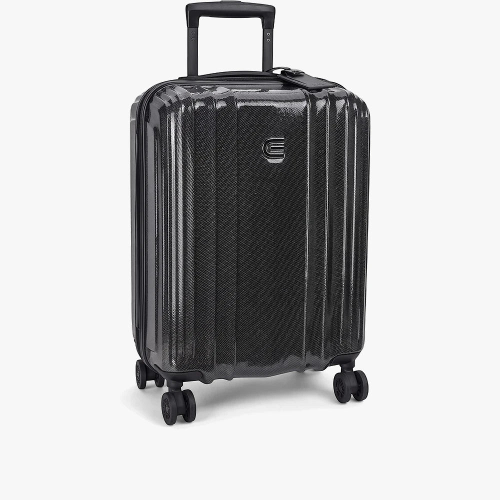 Black Compolite Carry On 65Cm Trolley Case, front view, with ribbed hard shell and spinner wheels.