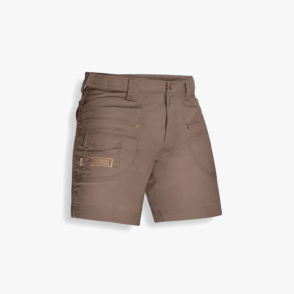 Boerboel Mens Adjustable Kalahari Shorts in bark brown, featuring multiple pockets and a logo, displayed on a white