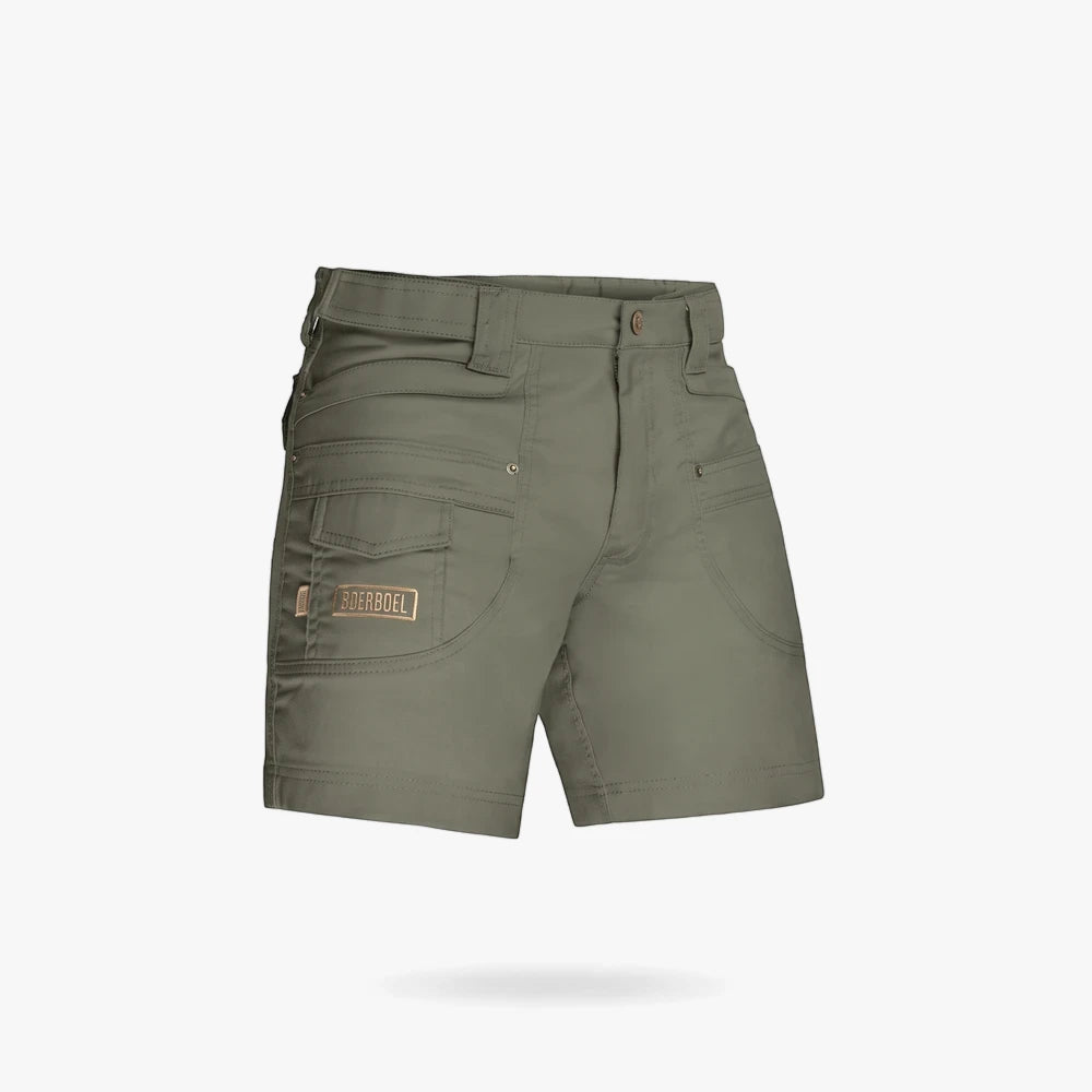 Boerboel Mens Adjustable Kalahari Shorts in olive green, shown angled from the front, highlighting cargo pockets.
