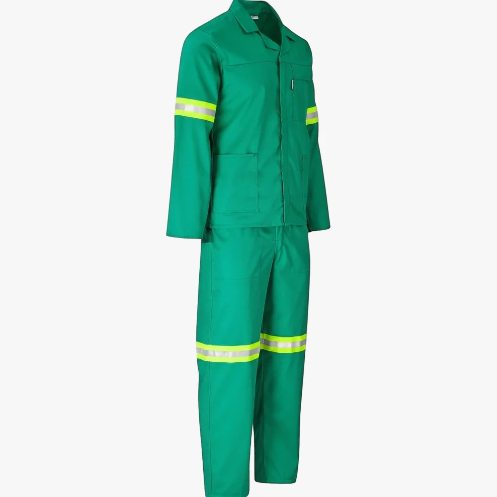 Emerald green Brands Premium 2 Pc Conti Suit with reflective tape on sleeves and legs, displayed upright on a plain