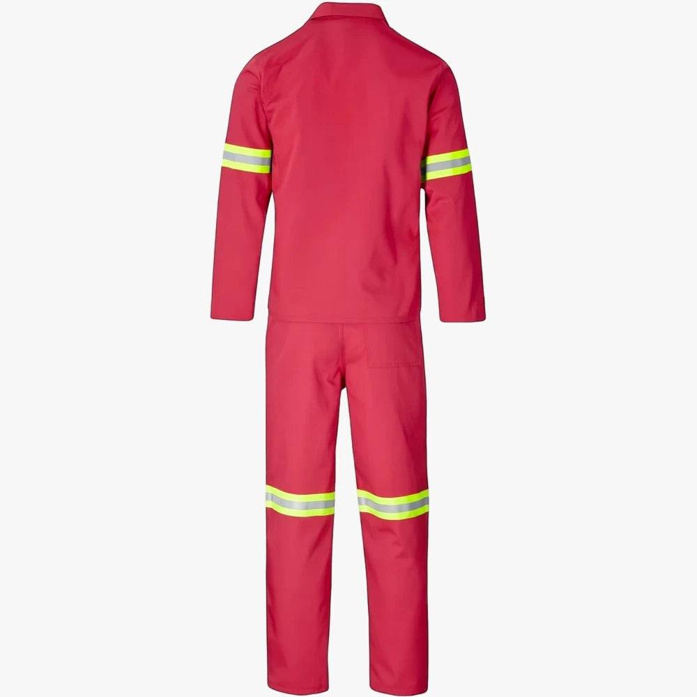 Red Brands Premium 2 Pc Conti Suit, back view, with yellow and grey reflective safety tape on sleeves and pant legs.
