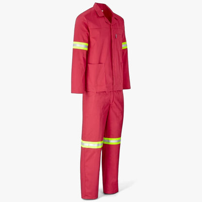Red Brands Premium 2 Pc Conti Suit with bright yellow and silver reflective tape on the sleeves and lower legs, displayed