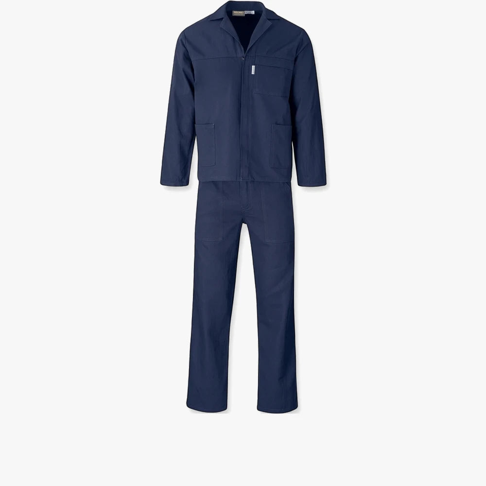 Navy blue Brands Premium 2 Pc Conti Suit for work, featuring a long-sleeve jacket and matching pants, laid flat.