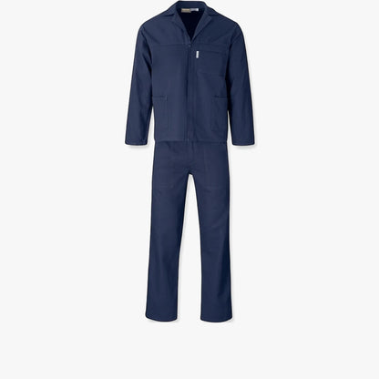 Navy blue Brands Premium 2 Pc Conti Suit for work, featuring a long-sleeve jacket and matching pants, laid flat.