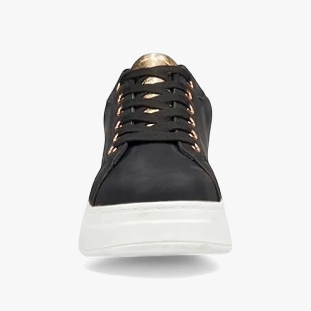 Front view of a black Butterfly Womens Campus 1 sneaker with a white platform sole, black laces, and gold eyelets.