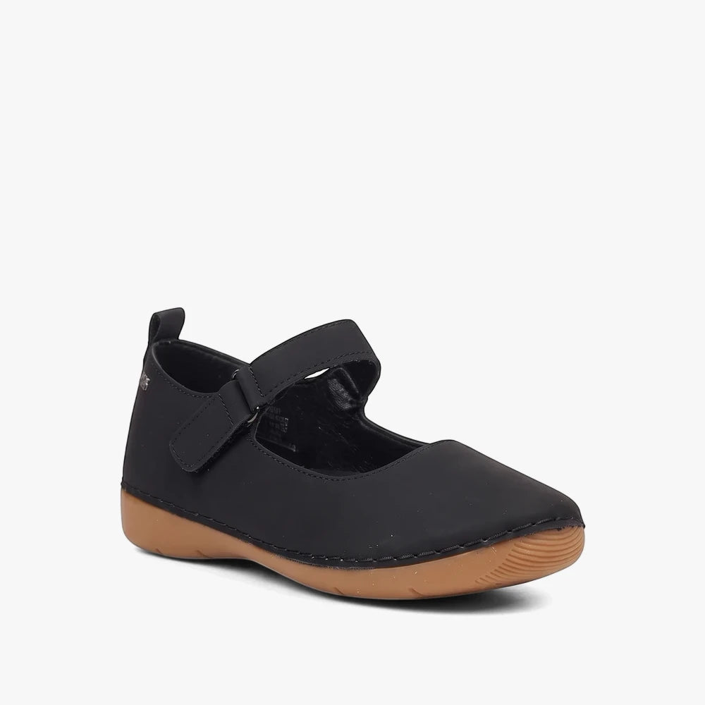 Black Butterfly Womens Cindi 5 Pump with a hook and loop strap, featuring a tan sole, shown from a side view.