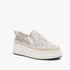 Butterfly Womens Senhora 13 slip-on platform sneaker in white with black leopard print and beige espadrille trim, side view.