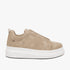 Butterfly Womens Senhora 22 Faux Nubuck Sneaker in taupe, a beige slip-on shoe with a white platform sole, viewed in profile.