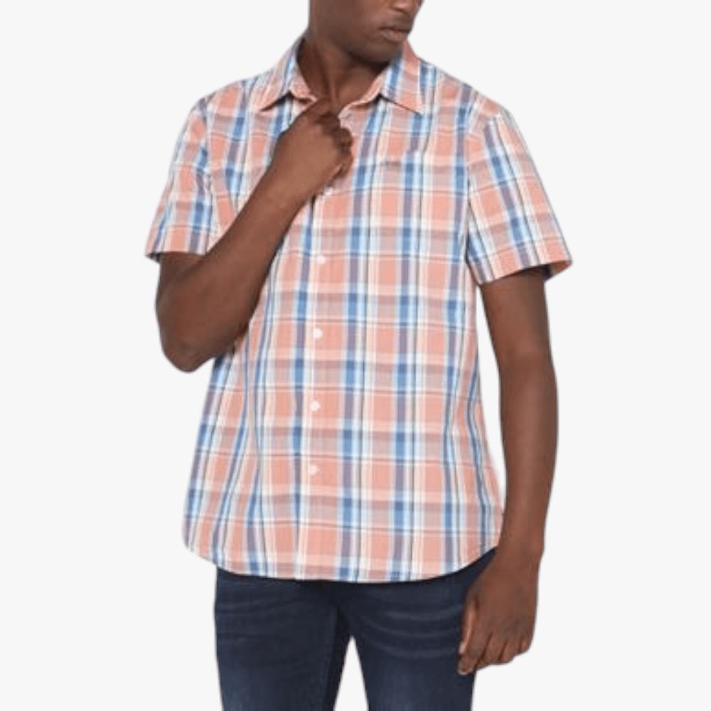 Jeep Mens Check Yd Short Sleeve Shirt Peach Turq | Jeep