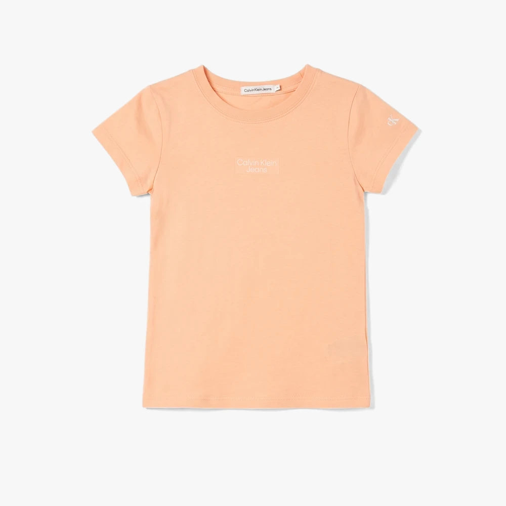 Orange Calvin Klein Girls Hero Logo Tee, a short-sleeve crew neck t-shirt with a visible brand logo on the chest, presented