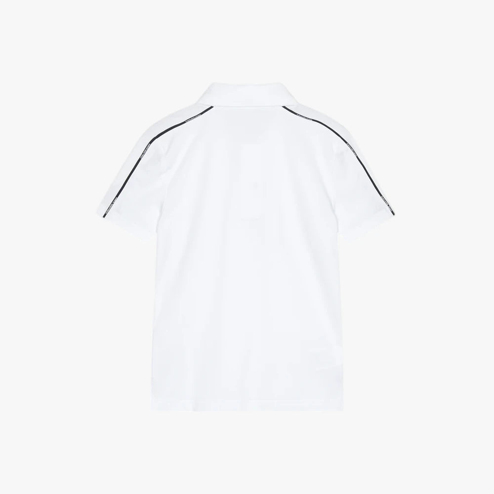 Back view of a white Calvin Klein Kids Logo Piping Golfer polo shirt with black trim on a plain background.