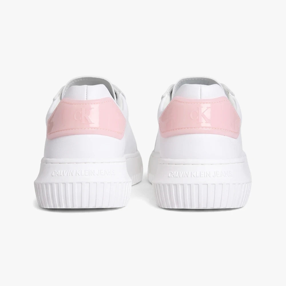 Back view of white Calvin Klein Womens Chunky Cupsole Sneakers with pink heel tabs and &