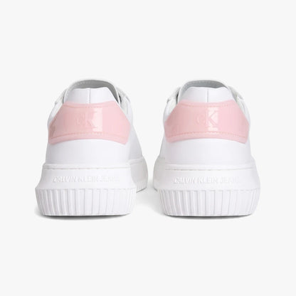 Back view of white Calvin Klein Womens Chunky Cupsole Sneakers with pink heel tabs and &