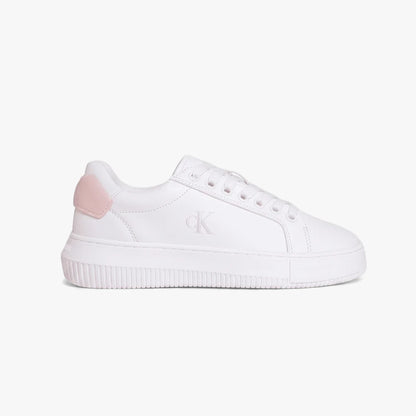 Calvin Klein Womens Chunky Cupsole Sneaker in white with a pink heel accent, featuring a textured sole, side view.