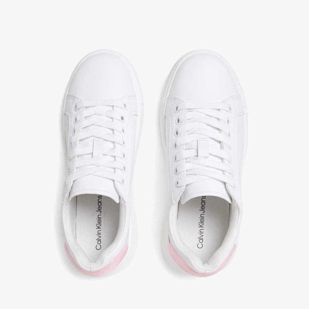 White Calvin Klein Womens Chunky Cupsole Sneakers with subtle pink accents, shown from a top-down perspective.