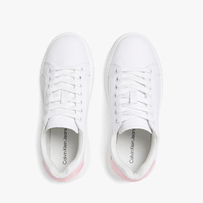 White Calvin Klein Womens Chunky Cupsole Sneakers with subtle pink accents, shown from a top-down perspective.