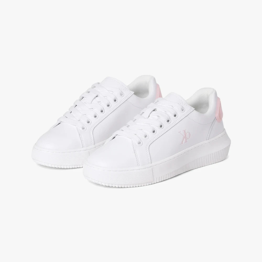 Pair of white Calvin Klein Womens Chunky Cupsole Sneakers with pink accents and chunky white soles, seen from a slightly