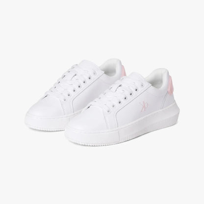 Pair of white Calvin Klein Womens Chunky Cupsole Sneakers with pink accents and chunky white soles, seen from a slightly