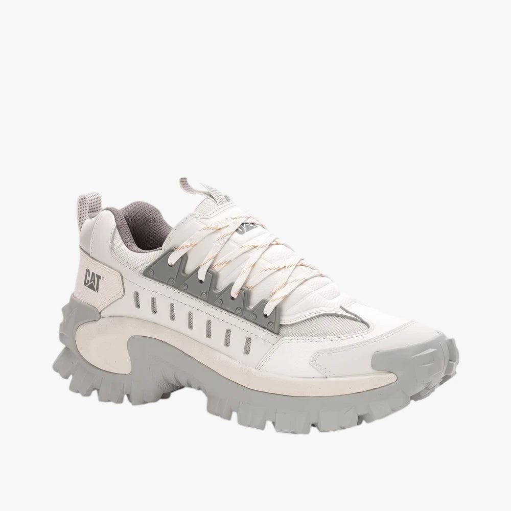 Bright white and grey Caterpillar Mens Intruder Met Shoe, a chunky sole sneaker, viewed from the side.